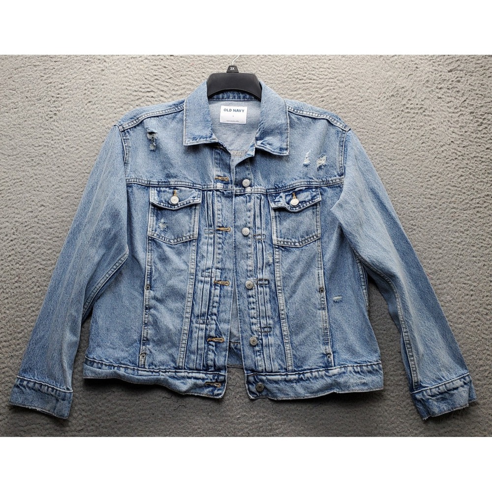 Old Navy Trucker Jacket Womens Large Blue Denim Distressed Collared Button Front